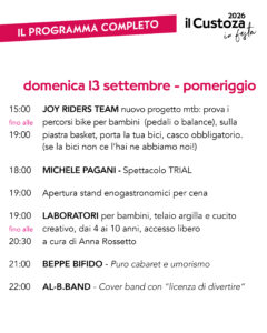 il programma del pomeriggio di domenica 13 settembre